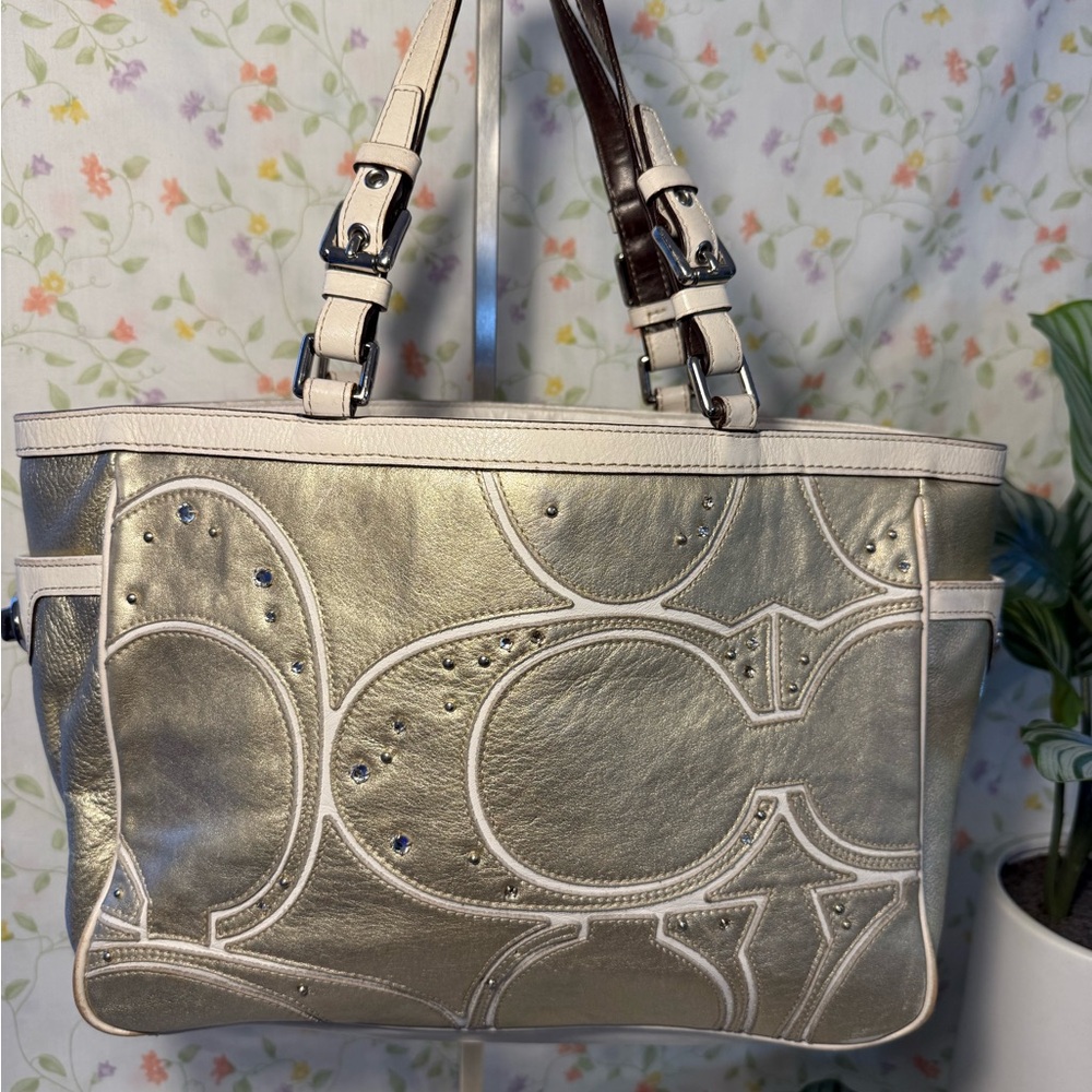 Coach Silver and Cream Tote Bag